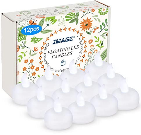 IMAGE 12 Stück Schwimmende Kerzen, Flammenlose LED Teelichter wasserdicht Dekorative Kerzen für Hochzeit Party Spa Haus Pool, Teichdekorationen, Innen und Außen (Kalt Weiß)