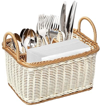 HEMOTON Portaposate in rattan, cestino per posate intrecciato da tavolo, portaposate per posate e utensili con manici e 4 scomparti divisori, per cucina, sala da pranzo, giardino o picnic