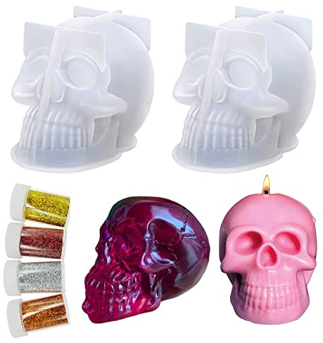 Cayway Totenkopf Kerze Form, 3D Schädel Schimmel, 2 Stück Silikon Kerzenform Halloween Skelett Kerzenformen KerzengießFormen mit Pailletten für Halloween Dekoration, Party, Geschenk