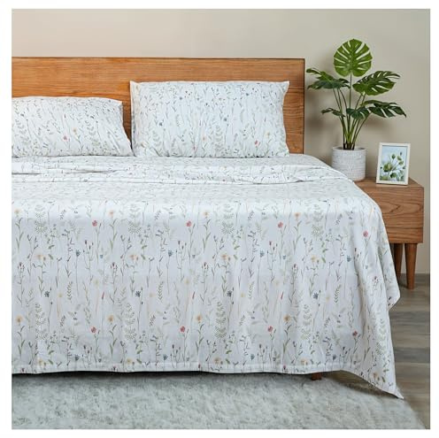 RUVANTI Flannel Sheets Queen Size - GOTS Certified 100% Organic Cotton, 4 Piece Warm, Soft & Breathable Set, Deep Pocket Snug Fit, Double Brushed Cozy All Season Bedding, Linen Blooms