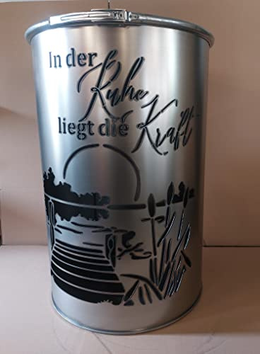 Fuchsbau Feuertonnen Feuertonne mit - In der Ruhe liegt die Kraft - Motiv - Gefertigt aus neuem Ölfass - Besondere Feuerstelle für Garten und Terrasse - Hohe Feuerschale mit Rostoptik - 90 x 60 cm