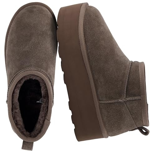 CUSHIONAIRE Hippy Women’s Platform Ankle Boots – Genuine Suede, Faux Fur Lining, Cozy Winter Slip-On Design Mini boots, TAUPE 11