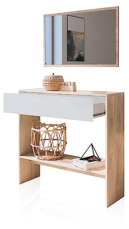 duehome | Recibidor con Cajon y Espejo, Mueble de Entrada, Mueble Auxiliar, Acabado en Tofe y Andersen, Modelo Aros, Medidas: 91,5 cm (Largo) x 27,9 cm (Fondo) x 85 cm (Alto)