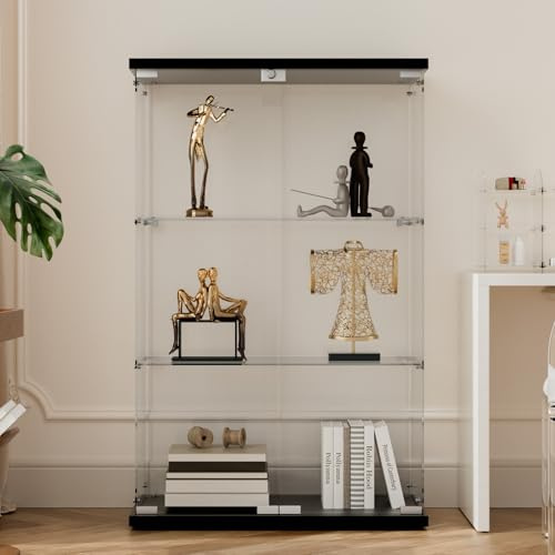 Beauty4U 3-Shelf Double Door Glass Display Cabinet, 125cm Tall, Black | Frameless Showcase Cabinets for Storage Collectables, Living Room, Bedroom, Simple Quick Installation