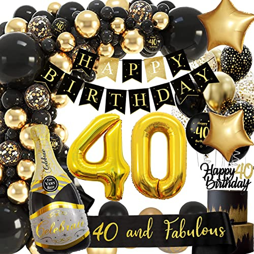 40 Geburtstag Deko, 40 Mann Frauen, Geburtstagsdeko 40, Schwarz Gold Deko mit Happy Birthday Girlande, 40 Männer Dekorationen