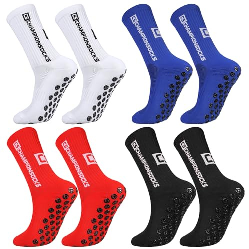 Apricitie 4 paia di calzini da calcio 39-46, calzini sportivi da calcio, antiscivolo, per uomo e donna, nero+bianco+blu+rosso, Taglia unica