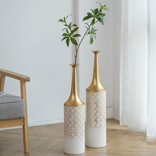 Sziqiqi Blanc Haut Vase À Poser Au Sol - 66/60cm Extra Grand Métal Fleur Vase Vintage pour Pampas Séchées, Plante, Plume Décoratif - Col Étroit pour Salon, Maison
