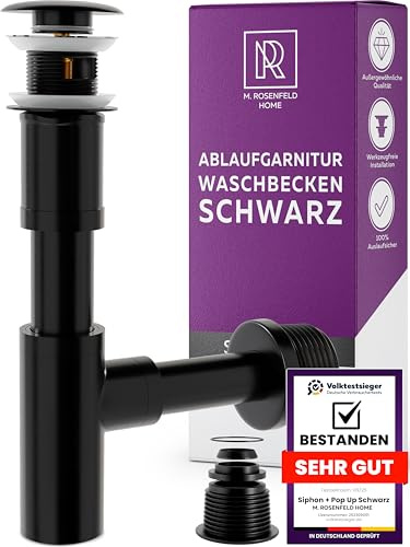 M. ROSENFELD HOME Sifón de lavabo negro mate con desagüe pop-up, trampa de olores de acero inoxidable de 1¼, con rebosadero, tubo de inmersión de 70–150 mm, kit completo para baño moderno
