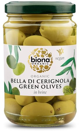 Biona Organic Bella di Cerignola Olives in Brine 280g, Pack of 5 - Handpicked in The Italian Region of Cerignola - Whole Green Olives - Succulent & Vibrant - Preserved in Brine