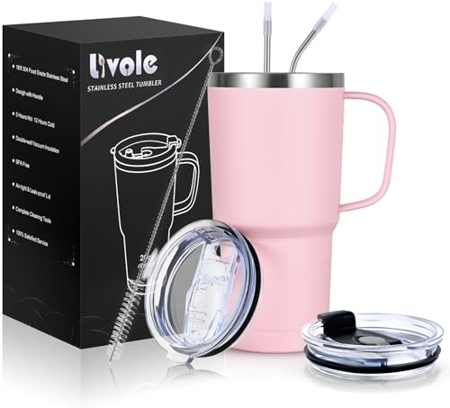 Livole Termosbägare på 600 ml med handtag, vakuum kaffekopp, termosmugg i rostfritt stål med sugrör och lock, 20 ounce, drickmugg med dubbla väggar, resemugg, kaffekopp, ljusrosa