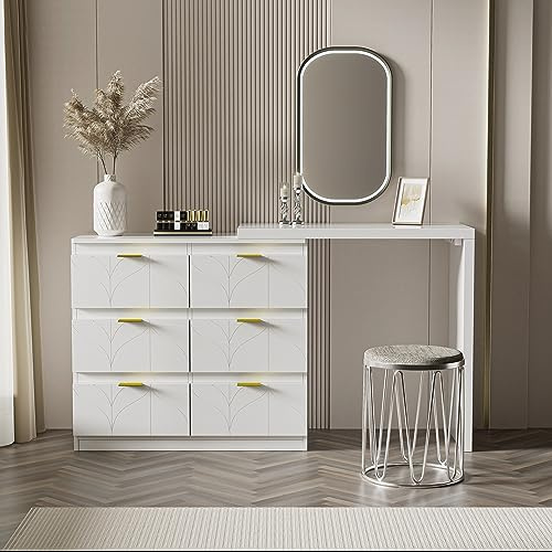 Dolamaní Tocador Con Mesa Auxiliar de 160 cm, Mesa de Oficina Con 6 Cajones, Cómoda Giratoria (180°), Asas Doradas, Diseño Floral, Esquinas Redondeadas a Prueba de Golpes, Color Blanco