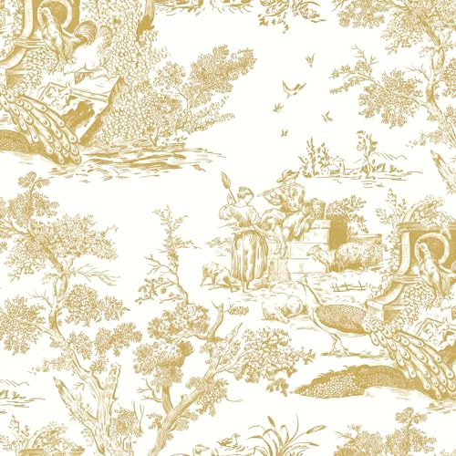 Yomshi Papier peint autocollant Blanc et Or à décoller et à coller, Motifs d'arbres et d'animaux, 41x300 cm, Papier de contact vintage pour la chambre à coucher et la salle de bain