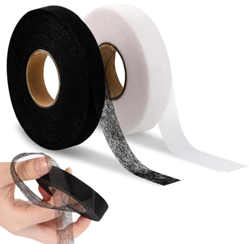 2 Set 50M Wonder Web Hemming Tape, 2cm Wide , Web Iron on Hemming Tape Double Faced Adhesive Fabric Roll Clothes Sewing Turn Craft, for Splicing Fabrics, Trousers, Curtains, Clothes(black, White)