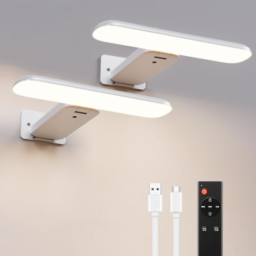 Bilderleuchte Kabellos, 300 lm Wandleuchte Innen mit 3 Lichtfarben, 2 Stück | Dartscheibe Beleuchtung mit Fernbedienung & Timer, 4500mAh, Kleben/Schrauben, für Gemälde, Spiegel & Bilderrahmen-Weiß