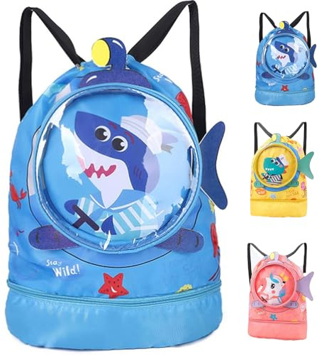 FaJoek Simryggsäck vattentät barn gym väska vattentät, badväskor för barn, simväska barn med våtfack, ryggsäck med dragsko för barn, Blå haj, L:42*28*10cm
