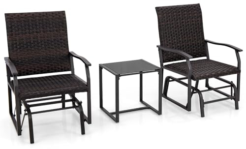 GYMAX 3-teiliges Terrassenmöbel-Set, Gartenmöbel Set inkl. Couchtisch aus gehärtetem Glas & Schaukelstuhl, Polyrattan Sitzgruppe für Garten, Hinterhof & Balkon