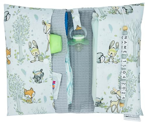 Große Windeltasche für unterwegs mit Namen personalisiert - für Mädchen und Jungen - Wickeltasche mit Waffelpique - Waldtiere boho Indianer Reh Fuchs Hase - weiß hellgrau beige