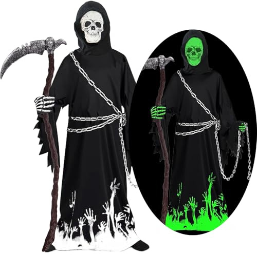 KYOEOE Costume da Tristo Mietitore per bambini con falce e catena in vita, costume di Halloween deluxe fosforescente Costume da Tristo Mietitore per Halloween e Carnevale in maschera