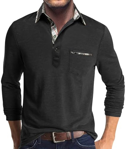 SOOUICKER Poloshirt Herren Langarm Regular Fit Poloshirts für Herren Elegant Arbeit Langarmshirt Herren mit Kragen Poloshirt Herren Kariert Modern Poloshirt Herren mit Brusttasche Muster