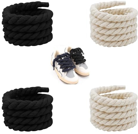 Dzsomt 2 Paires Lacets de Corde 7mm Lacets Ronds épais D'épaisseur en Corde Torsadée 160cm Lacets en Corde Tissés à la Main pour Baskets Chaussures de Course Chaussures de Sport(Noir + Beige)