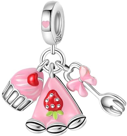 Gâteau aux fraises, muffins, fraises, fourchette, dessert, plat aux fruits caillé – Charm en argent 925 pour bracelet à breloques