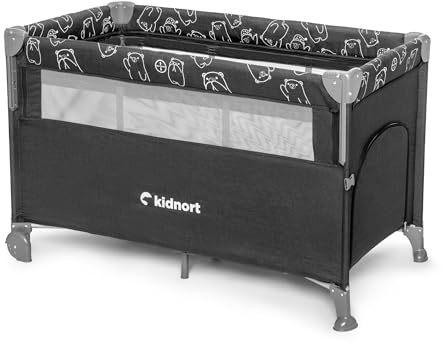 kidnort Livsmiljö Reisebett Babybett 3 in 1 Beistellbett Laufstall klappbar mit 2 Ebenen Seiteneinstieg Rollen mit Bremse Transporttasche kompakt faltbar für Zuhause und Reise Dunkelgrau