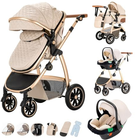 Kakbgee 3-in-1 Kinderwagen, Buggy mit Babyschale, Höhenverstellbarem Griff | Kombi-Kinderwagen mit Moskitonetz, Regenschutz, Aluminium-Rahmen mit hohem Sitz für Neugeborene 0-4 Jahre, 22KG, Beige