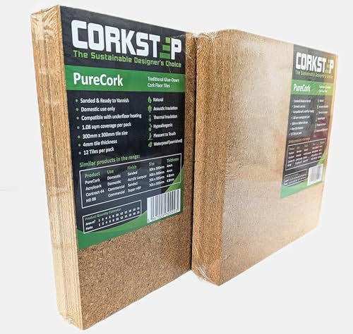 Corkstep PureCork Sanded Unfinished Cork Floor Tiles, 300mm x 300mm x 4mm, 12 Tiles per Pack