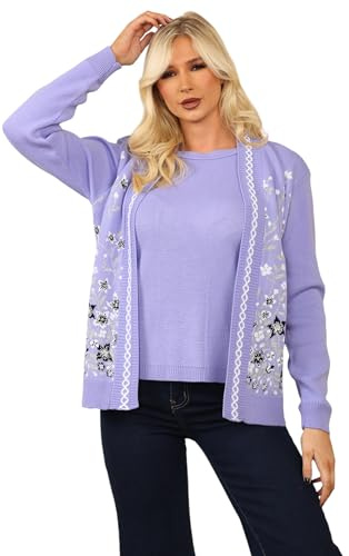 Ladies Floral Twin Set Knitted Cardigan Women Tank Top Sweater Jumper (UK, Alpha, M, L, Regular, Regular, Lilac)
