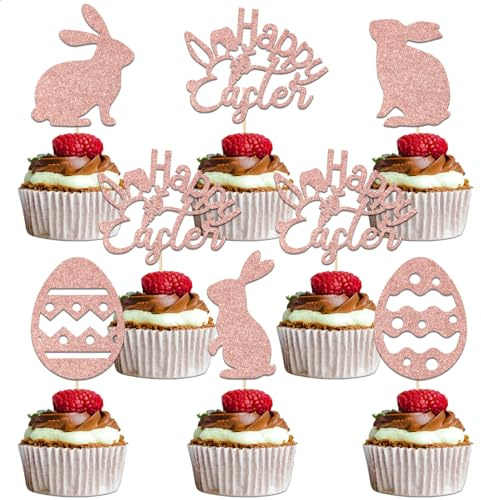 24Pcs Welcome Spring Easter Happy Easter Cupcake Topper Rose Gold Glitter