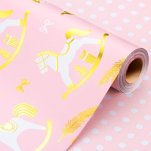 Wikadlik Geschenkpapier, Rosa, 43 cm x 10 m, Folie, Metallic-Gold, Holzpferd und Punkte, Geschenkpapierrolle für Weihnachten, Feiertage, Party