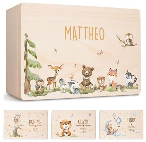 Little Deco Personalisierte Baby Erinnerungsbox Waldtiere | L - 40 x 30 x 22 cm - Design 3 | Erinnerungskiste aus Holz, Geschenk zur Geburt, Taufe & Geburtstagsgeschenk Babybox mit Deckel XHL1039-3-L