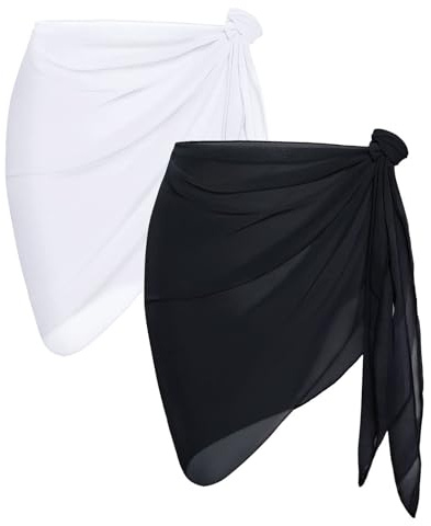 Wisebom Pareo Mare Donna, Spiaggia Pareo Sarong Coprire Gonne, Bikini Coprire Multiuso Beach Wrap Copricostume Corto del Chiffon Pareo da Spiaggia per Vacanza Party Beachwear (2 Pezzi Nero+Bianco)