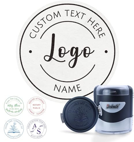 Personalisierter Stempel, Automatikstempel mit Logo & Text – Selbstfärbender Stempel für Exlibris, Buchstempel, Adressstempel, Firmenstempel & Lehrerstempel | Rund 42mm | 5 Farben