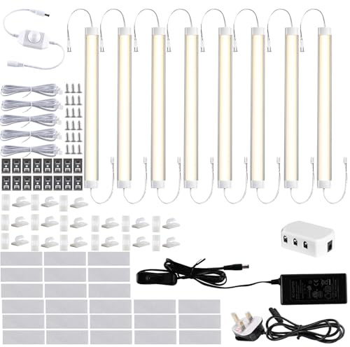 LABOREDUCER Under Cabinet Lighting Wired Plug in or Hardwired 8 Pack,11inch Linkable Dimmable LED Under Cabinet Lights (Warm White 2700K)