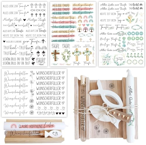 4 Blatt Taufe Kerzen Aufkleber Kerzen Tattoos mit Rub On Sticker Taufkerze Selber Machen Set Junge Mädchen Wunscherfüller Transferaufkleber Kerzenhalter Rub Ons Bunte Kerzensticker DIY Geschenke