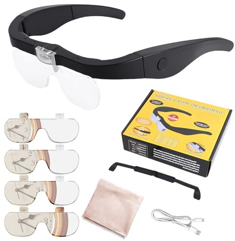 Genossen Lupenbrille mit Licht, Lupe mit 2 LED Lichts, USB Ladung Vergrößerungsbrille 1.5X, 2.5X, 3.5X, 5X, Hände Frei Kopflupe Leselupe für Modellbau Juweliere Bastel Lesen Detailarbeit