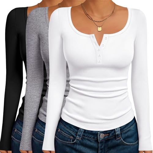 Ekouaer Long Sleeve Shirts for Women 3 Packs Henley Fall Button Tops Slim Fit Casual Thermal Underscrub Black/Light Gray/White (3pcs) L
