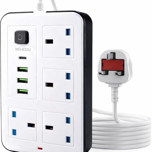 Surge Protected Extension Lead with 4 USB Cable Plug Socket usb slots 2500W UK Mains Power 4 Gang Way Switched copper clips - 13A 220V 8 in 1 mobile charging USB C PD 5V/2.1A
