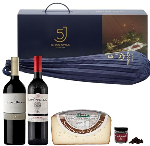 ENOVINOS Cesta Gourmet Regalo Navidad Empresas, Familia y Amigos - Caja con Paleta 5 Cinco Jotas, Vino Tinto Ramón Bilbao, Vino Carmelo 9M, Queso Molinos y Rocas de Chocolate de Raúl Asencio