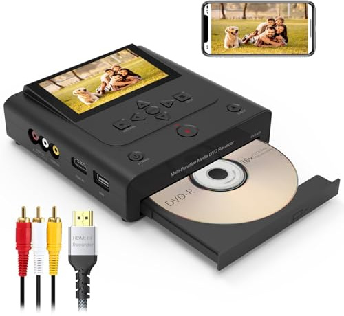 VHS to DVD Recorder, VCR to DVD Recorder-Convert Photos and Videos Between VHS,VCR,Memory Card，DVD and USB. Phone can use a Free app to Burn Videos and Photos, Also has TV Recording Function