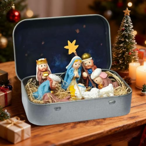 Mini Weihnachten Krippe Set In Einer Metalldose, Weihnachten Krippenszene | Tragbar Taschengröße Krippenszene Figuren Dekoration Sets Mit Figuren Der Heiligen families, Schafen Und Jesus