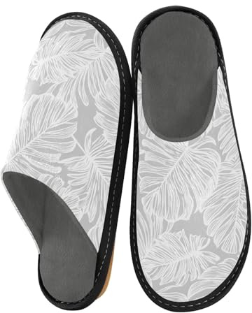 Pantoufles pour homme - Motif Monstera - Chaudes et pelucheuses - Semelles antidérapantes pour intérieur/extérieur, Motif ligne blanche Monstera, 42/44 EU