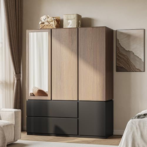 ModernMate 71 Wardrobe Armoire Closet with Mirror & 2 Drawers, Freestanding 3-Door Wooden Closet with 2 Hanging Rods, Steel Ball Slides, Compact Storage Cabinet for Bedroom, Rental, Apartment, Dorm