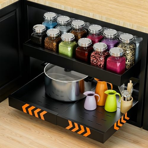 2Pack Ausziehbarer Schrank Organizer Küche, Upgrade Selbstklebende Auszugsschienen Schublade, Teleskopschublade (Breite 31-53 cm), Einfach zu Montieren für Waschküche, Speisekammer, Badezimmer Schwarz