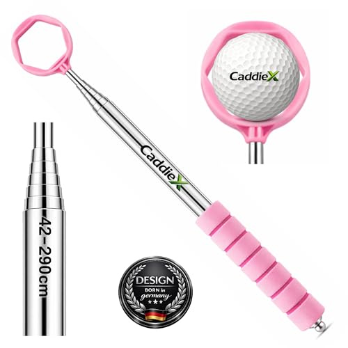 CaddieX Golf Ball Fiskespöke rostfritt stål – 9-vägs teleskop upp till 2,90 m – kompakt 42 cm – ergonomiskt mjukt grepp – säkert greppsystem med 6 kanter – golfboll retriever golfboll i 5 färger