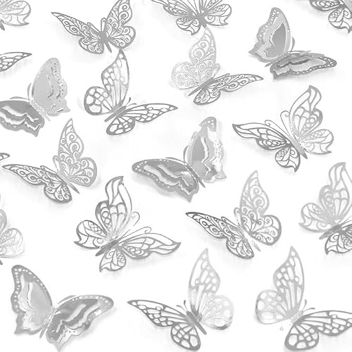 96 Pcs 3D Butterfly Wall Stickers, Silver Hollow Carved Butterfly Wall Decor Decals, 3 Sizes & 4 Styles Removable DIY Butterfly Decorations for Girls Bedroom, Nursery, Wedding, Party and Cake Decor