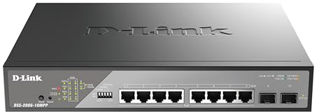 D-Link DSS-200G-10MPP/B 10-Port Gigabit PoE++ Smart Surveillance Switch 8x 1000BASE-T PoE++ and 2x SFP, 802.3af/at/bt, 242W PoE budget, Extend to 250m, VLAN, QoS, ERPS, ONVIF