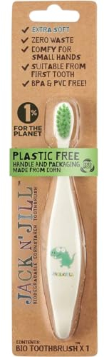 Jack N' Jill Kids Toothbrush – Manual Toothbrush for Kids with Extra Soft Bristles, Suitable for Babies & Toddlers, Ergonomic Handle, Cornstarch Plant-Based Handle & Packaging - 1 Pack, Dino