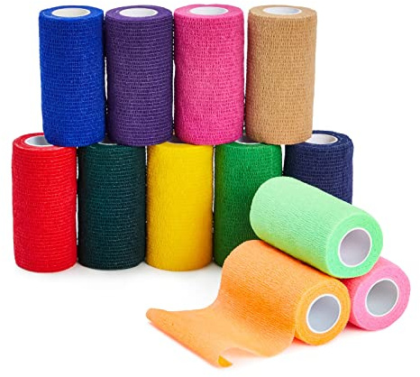Juvale Self-Adherent Cohesive Bandage Wrap - Vet Tape for Horses & Dogs - Sprain & Strain Relief Elastic Bandage Wrap - Breathable & Tear-by-Hand Colored Roll Gauze - 4 in x 5 yd, Pack of 12